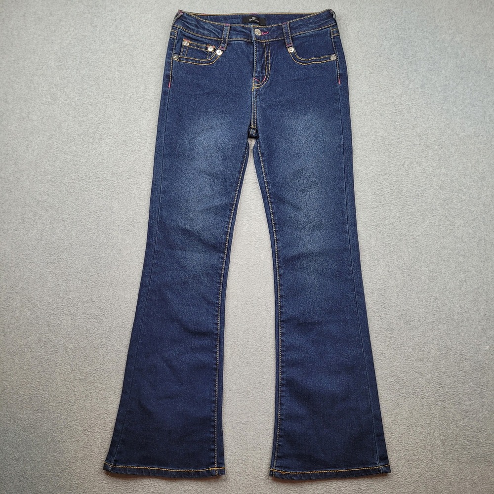 True Religion Joey High Rise Flare Girls 14 Blue Pink Heart Pockets 27x27.5